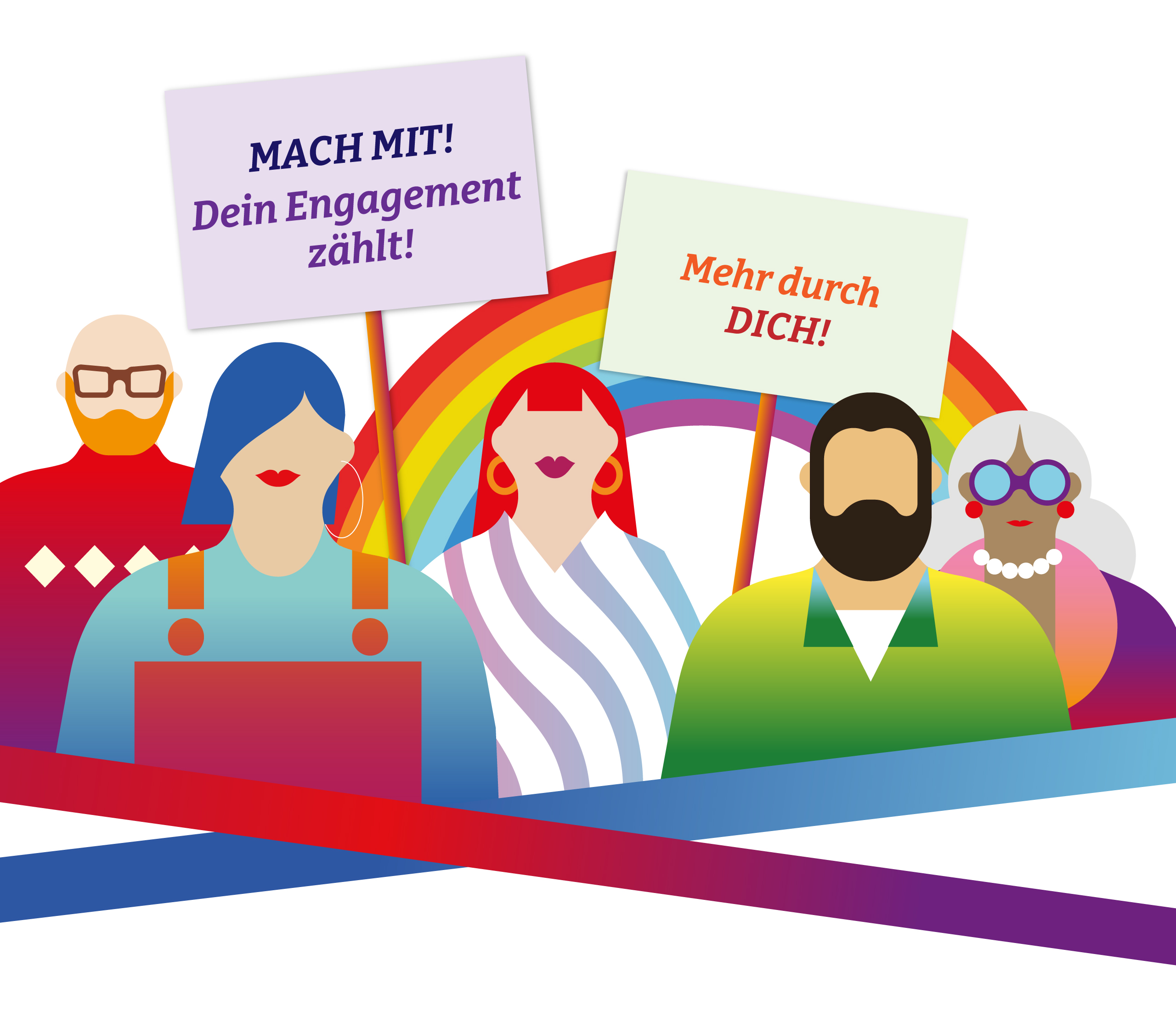 Illustration einer Queer-Aktivist:innen Gruppe die zum mitmachen auffordern.